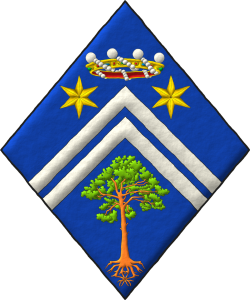 Escudo de azur, dos tenazas de plata, en cada flanco del jefe dos estrellas de seis puntas de oro surmontadas de una corona de bar�n y en la punta un pino silvestre (Pinus sylvestris) arrancado al natural.