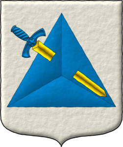 Escudo de plata, un tetraedro de azur, atravesado de una espada puesta en banda, bajada de oro, guarnecida de azur.