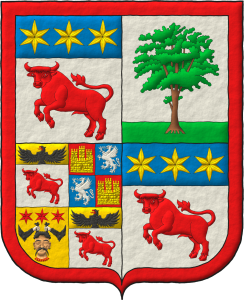 Escudo cuartelado: 1o y 4o de plata, un toro saltante, guardante de gules, en un jefe de azur, tres estrellas de seis punta de oro [de Testaferrata, l�nea baronial]. 2o de plata, una morera al natural, terrazada de sinople [de Moroni]. 3o cuartelado: 1o y 4o de plata, un toro saltante, guardante de gules, en un jefe de oro, un �guila saliente de sable, picada y lampasada de gules [de Testaferrata, l�nea de los caballeros del Sacro Imperio Romano]; 2o cuartelado: i y iv de gules, un castillo de tres torres de oro, ii y iii de azur, un grifo rampante de plata [de Castelletti]; 3o de oro, una cabeza de frente, cortada y ensangrentada al natural, cabellada de sable, acompa�ada de dos brazos curvados al natural, armados de sable, teni�ndola por los cabellos, en jefe tres estrellas de seis punta de gules [de Viani]. El todo brisado de una bordura de gules.