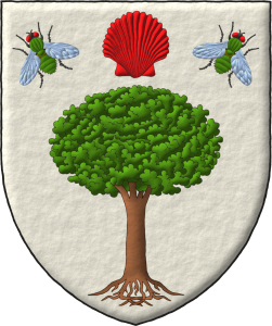 Escudo de plata, un rbol arrancado al natural, en jefe una venera ranversada de gules acompaada de dos moscas puestas en pila al natural.