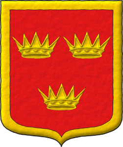 Escudo de gules, tres coronas antiguas de oro, 2 y 1, dentro de una filiera todo de oro.