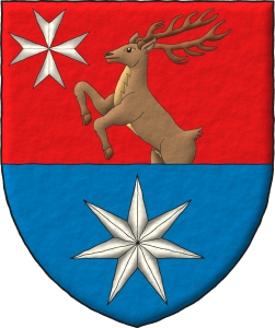 Escudo cortado: 1o de Gules, un ciervo rampante, moviente de la punta al natural, en la diestra del jefe, una cruz de Malta de plata; 2o de azur, una estrella de siete puntas de plata.