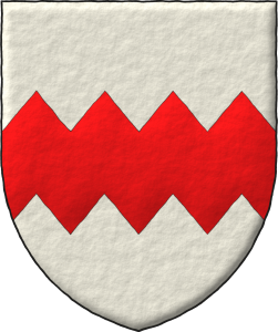 Escudo de plata, una faja encajada de cuatro piezas de gules.