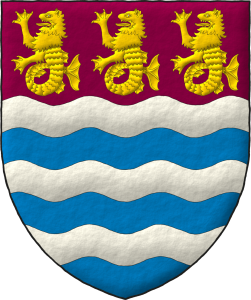 Escudo fajado ondado de plata y azur; en un jefe ondado de morado, tres leones marinos sentados y erguidos en faja de oro.