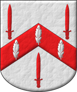 Escudo de plata, un cabrio de gules cargado d tres plumas de plata, acompaado de tres espadas de gules, alzadas, 2 y 1.