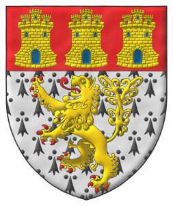 Escudo de armios, un len rampante de cola horquillada de oro, armado y lampasado de gules; un jefe de gules, tres castillos de oro, aclarados de azur, mazonados de sable.