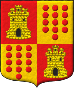 Escudo cuartelado: 1o y 4o de gules, un castillo de oro, aclarado y mazonado de sable; 2o y 3o de oro, trece roeles de gules, cuatro, cinco y cuatro.