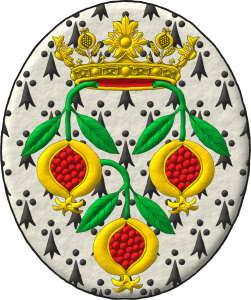 Escudo de armios, tres granadas ranversadas de oro, rajada de gules, talladas y hojadas de sinople, sumadas de una corona abierta, alternando cuatro rosetas de hojas de acanto, visibles tres, y cuatro granadas, visibles dos, todas de oro, forrada de gules.