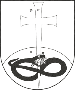 Escudo de gules, un monte de sinople moviente de la punta, brochante sobre el todo una cruz latina patada y fijada de oro, perforando la cabeza de una sierpe nudada y alterada de sable, lampasada de gules.