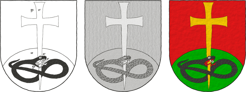 Escudo de gules, un monte de sinople moviente de la punta, brochante sobre el todo una cruz latina patada y fijada de oro, perforando la cabeza de una sierpe nudada y alterada de sable, lampasada de gules.