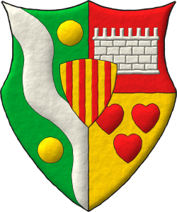 Escudo partido y medio cortado: 1o de sinople, una banda ondada de plata, acompa�ada de dos bezantes de oro puestos en barra; 2o de gules, un lienzo de muralla de plata; 3o de oro, tres corazones de gules, 2 y 1; un escus�n de oro, cuatro palos de gules.