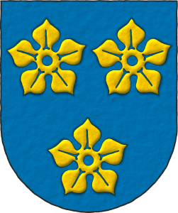 Escudo de azur, tres quinquefolios de or.
