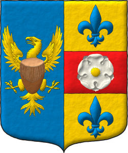 Escudo partido: 1o de azur, un guila de oro, cargada en su pecho con un tambor real del Reino de Bunyoro-Kitara al natural; 2o de oro, una faja de gules, cargada con una rosa de plata, botonada de oro, acompaada de dos flores de lis de azur, una en el jefe y otra en la punta.