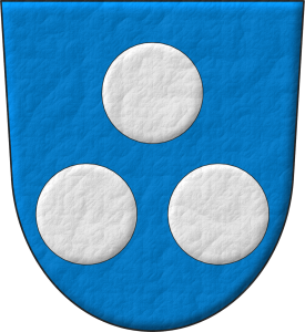 Escudo de azur, tres bezantes de plata, 1 y 2.