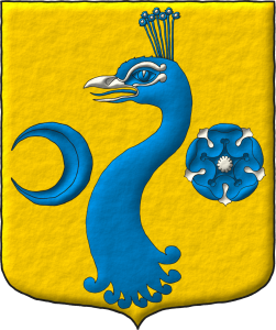 Escudo de oro, una cabeza de pavo real arrancada de azur, picada de plata, acompaada a la diestra de un creciente tornado de azur y a la siniestra de una rosa de azur, barbada y botonada de plata.