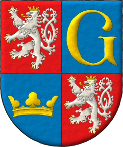 Escudo cuartelado: 1o y 4o de gules, un len rampante, de cola horquillada de plata, armado, lampasado y coronado de oro; 2o de azur, una letra G de oro; 3o de azur, una corona trebolada de oro