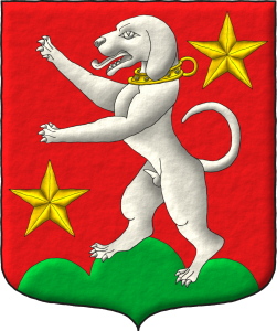 Escudo de gules, un monte de tres pe�as moviente de la punta de sinople sumado de un talbot rampante de plata, acollarado de oro, acompa�ado de dos estrellas en barra de oro.