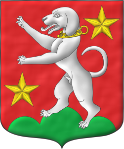 Escudo de gules, un monte de tres pe�as moviente de la punta de sinople sumado de un talbot rampante de plata, acollarado de oro, acompa�ado de dos estrellas en barra de oro.