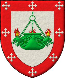 Escudo de plata, pendiente del jefe una lampara de aceite de tres cabezas de le�n arrancadas y aladas de sin�ple; una bordura de gules cargada de ocho cruces botonadas de plata.