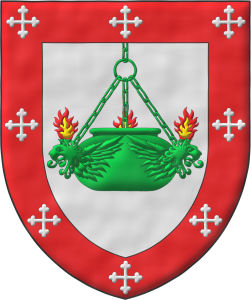 Escudo de plata, pendiente del jefe una lampara de aceite de tres cabezas de le�n arrancadas y aladas de sin�ple; una bordura de gules cargada de ocho cruces botonadas de plata.