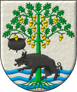 Escudo de plata, en punta tres burelas ondadas de azur, brochante sobre el todo, un roble arrancado de sinople, frutado de oro, a su diestra una caldera pendiente de una rama y atravesado a su tronco un jabal� pasante, ambos de sable.