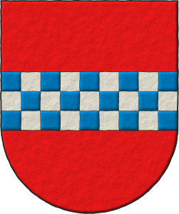 Escudo de gules, una faja ajedrezada de azur y plata.