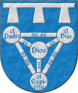 Escudo de azur, una perla cerrada de plata, cargada de cuatro bezantes de plata, el bezante 1o, en la diestra del jefe, cargado con el Padre de azur, el bezante 2o, en la siniestra del jefe, cargado con el Hijo de azur, el bezante 3o, en la punta, cargado con el Esptiru de azur y el bezante 4o, en el corazn, cargado con Dios de azur; las tres cotizas de la perla cargadas con es de azur y las tres cotizas de su cierre cargadas con no es de azur; brisado por un lambel de plata.