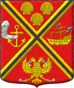 Escudo de gules, un sotuer de oro cargado de un flanquis de sable, acompaado en jefe de tres veneras ranversadas de oro; en la diestra, un brazo diestro doblado, armado de oro, teniendo un ancla de plata; en la siniestra, un navo de guerra de dos mstiles, con troneras, las velas izadas de oro, con dos banderas de gules, plata y azur ondeando hacia la diestra, una en el palo mayor y otra en la popa, en el casco la inscripcin La Liberta de sable; en punta, un guila bicfala coronada de oro, teniendo dos borlas, una en cada pico, y dos espuelas, una en cada garra, todas de plata.