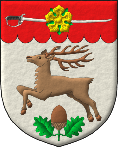 Escudo de plata, un ciervo brincante, en punta una bellota frutada y hojada al natural; en un jefe acanalado de gules un sable puesto en faja, alterado al natural, resaltado de una rosa de oro, hojada de sinople.