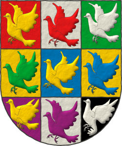 Partido de dos y cortado de lo mismo: en cada cuartel una paloma del color del cuartel que le precede: 1o de gules, una paloma de oro; 2o de plata; 3o de sinople; 4o de oro; 5o de azur; 6o de oro; 7o de púrpura; 8o de plata; y 9o de sable.