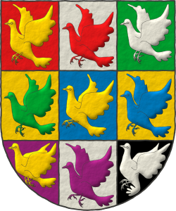 Partido de dos y cortado de lo mismo: en cada cuartel una paloma del color del cuartel que le precede: 1o de gules, una paloma de oro; 2o de plata; 3o de sinople; 4o de oro; 5o de azur; 6o de oro; 7o de prpura; 8o de plata; y 9o de sable.