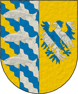 Escudo partido: 1 partido: 1o bandado ondado de azur y oro; 2o bandado ondado de azur y plata, brochante sobre el todo tres peces nadantes en palo de plata; 2o de oro, un guila bandada de azur y plata.