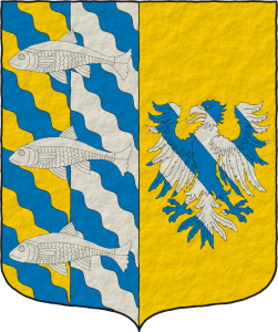 Escudo partido: 1 partido: 1o bandado ondado de azur y oro; 2o bandado ondado de azur y plata, brochante sobre el todo tres peces nadantes en palo de plata; 2o de oro, un guila bandada de azur y plata.