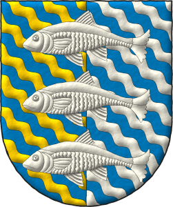 Escudo partido: 1o bandado ondado de azur y oro; 2o bandado ondado de azur y plata; brochante sobre el todo tres peces nadantes en palo de plata.