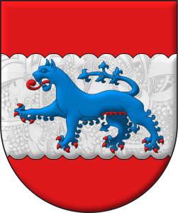 Escudo partido de sinople y azur, brochante sobre el todo dos tubos de caon en sotuer, acompaados de dos gaviotas volantes en palo y dos peces nadantes en faja, todo de plata.