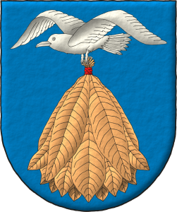 Escudo de azur, una gaviota volante de plata, llevando entre sus patas una gavilla de tabaco al natural, liada de gules.