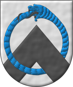 Escudo de plata, un cabrio de sable y un urboros de azur, armado y lampasado de sable, entrelazados.