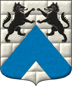 Escudo de plata mazonado de sable, un cabrio de azur, en jefe un lobo y una loba afrontados de sable.