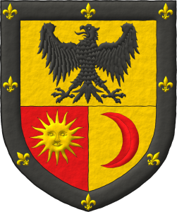 Cortado y medio partido: 1o de oro, un guila de sable; 2o de gules, un sol de oro; 3o de oro, un creciente tornado de gules; una filiera de sable, cargada de ocho flores de lis de oro.