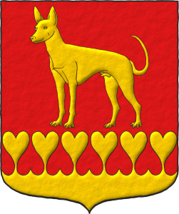 Escudo de gules: un podenco de oro, parado; la campaña encajada de corazones de oro.