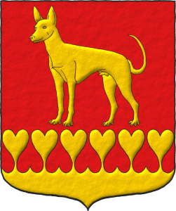 Escudo de gules: un podenco de oro, parado; la campaa encajada de corazones de oro.