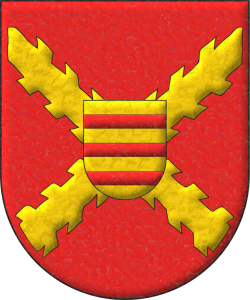 Escudo de gules, una cruz de Borgoa de oro; un escusn de oro, tres fajas de gules.