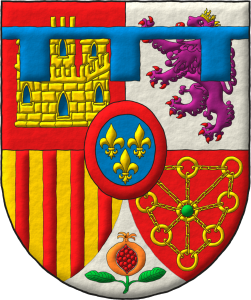Escudo cuartelado: 1o de gules, un castillo de oro, aclarado de azur, mazonado de sable [de Castilla]; 2o de plata, un len rampante de prpura, lampasado y armado de gules, coronado de oro [de Len]; 3o de oro, con cuatro palos de gules [de Aragn]; 4o de gules, una cadena puesta en orla, en cruz y en sotuer de oro, cargada en el centro de una esmeralda de sinople [de Navarra]; entado en punta de plata, una granada al natural, tajada de gules, tallada y hojada de sinople [de Granada]; un escusn de azur, tres flores de lis de oro, 2 y 1, una bordura de gules [de Borbn]; brisado de un lambel de tres pendientes de azur.