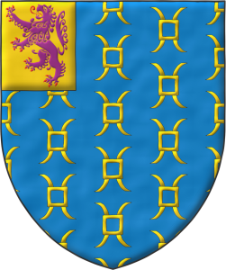 Escudo de azur sembrado de anillas de molino de oro; en un cantn diestro de oro, un len rampante de prpura, armado y lampasado de gules.