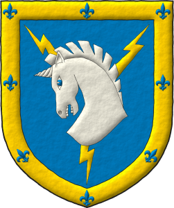 Escudo de azur, tres rayos en perla de oro, resaltados de una cabeza de unicornio cortada de plata; una filiera de sable, cargada de ocho flores de lis de oro.