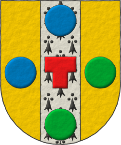 Escudo oro, un palo de armios, cargado de una potenza de gules, en jefe un roel de azur, en punta un roel de sinople; acompaado a la diestra de un roel de azur, a la siniestra de un roel de sinople.