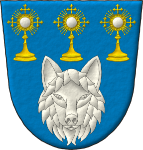 Escudo de azur, una cabeza de frente de lobo de plata, acompaada en jefe de tres custodias en faja al natural.