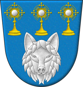 Escudo de azur, una cabeza de frente de lobo de plata, acompaada en jefe de tres custodias en faja al natural.