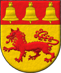Escudo de oro, un lobo pasante de gules; en un jefe de gules, tres campanas de oro.