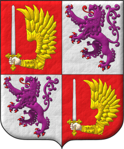 Escudo cuartelado: 1o y 4o de gules, una mano de carnacin, doblada, armada, alada de oro, teniendo una espada alzada de plata, guarnecida de oro; 2o y 3o de plata, un len rampante de prpura, armado y lampasado de gules.